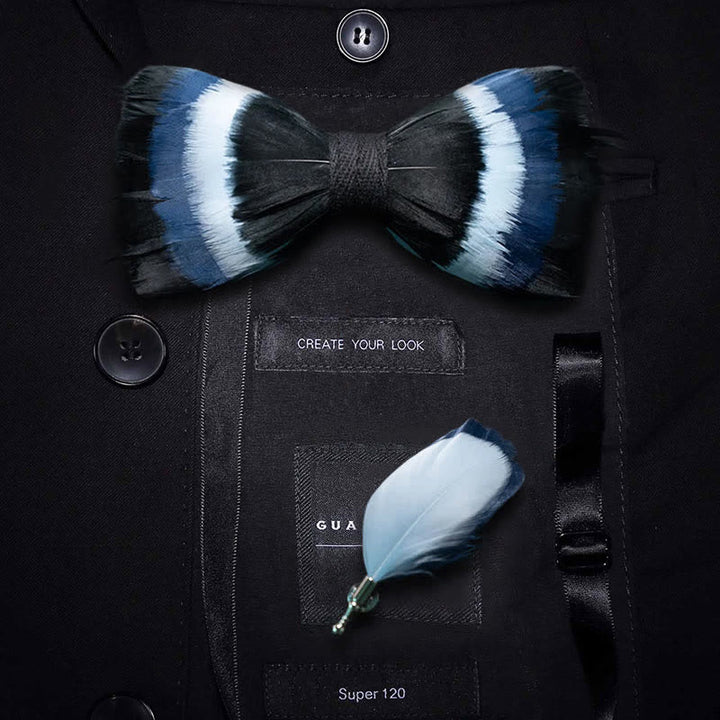 Pajarita con plumas negras y azules y broche de solapa - Adulto - image 2