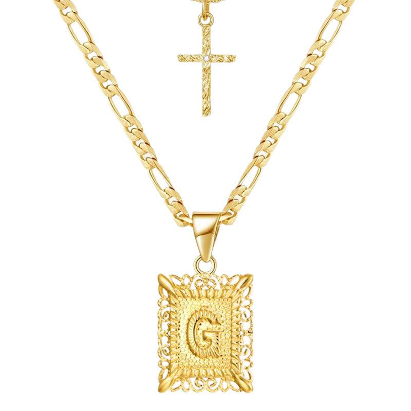 Collar hueco con letra cuadrada y cruz dorada, cadena doble - G - image 9