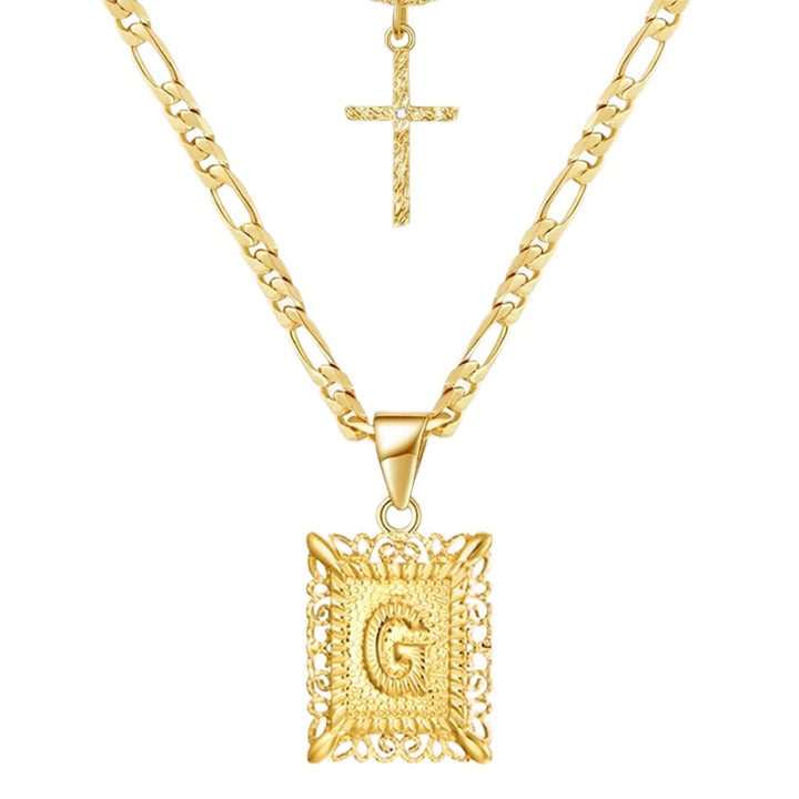 Collar hueco con letra cuadrada y cruz dorada, cadena doble - G - image 9