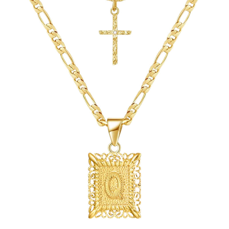 Collar hueco con letra cuadrada y cruz dorada, cadena doble - Q - image 19