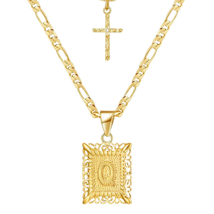 Collar hueco con letra cuadrada y cruz dorada, cadena doble - Q - image 19