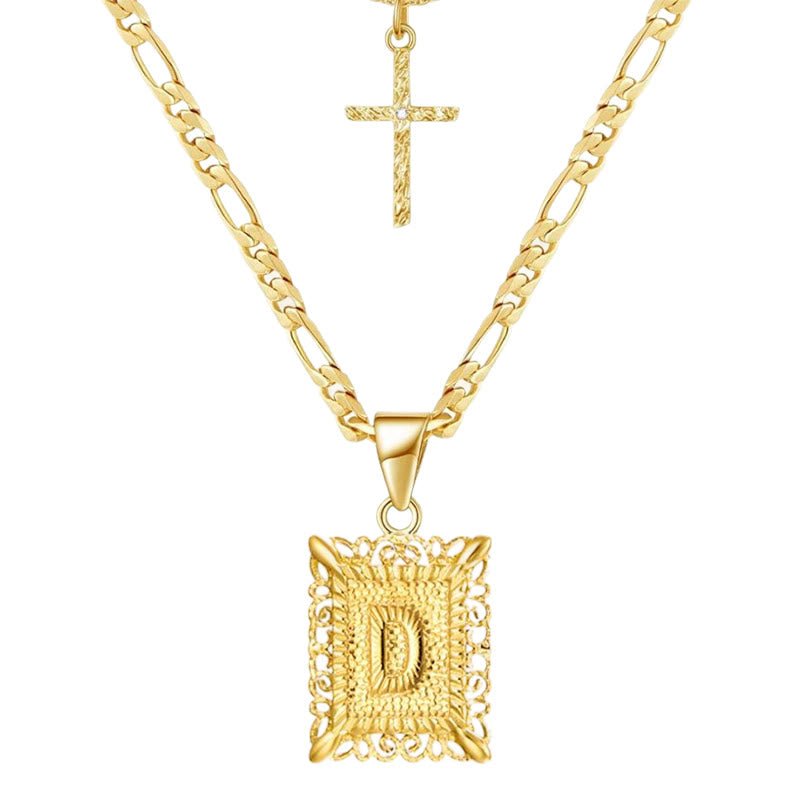 Collar hueco con letra cuadrada y cruz dorada, cadena doble - D - image 6