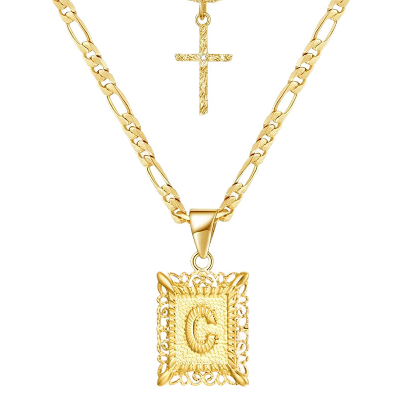 Collar hueco con letra cuadrada y cruz dorada, cadena doble - C - image 5