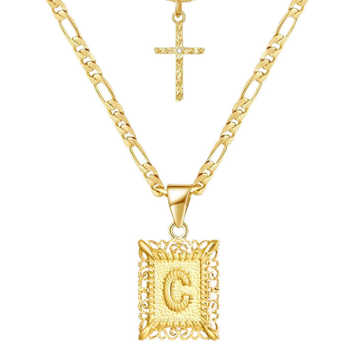 Collar hueco con letra cuadrada y cruz dorada, cadena doble - C - image 5