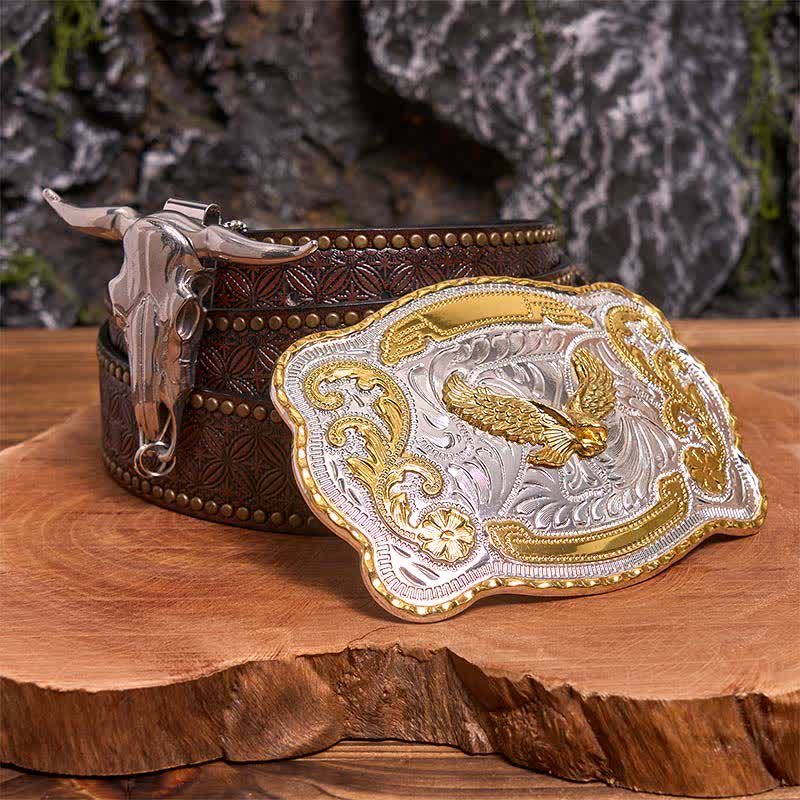 Conjunto de hebilla de cinturón con colgante de toro longhorn y águila voladora dorada - Águila en vuelo - Cinturón con remaches marrones - 42 - image 4