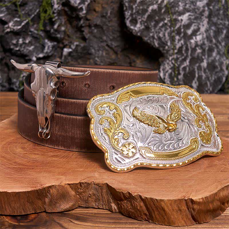 Conjunto de hebilla de cinturón con colgante de toro longhorn y águila voladora dorada - Águila en vuelo - Cinturón marrón desgastado - 42 - image 5