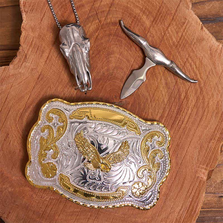 Conjunto de hebilla de cinturón con colgante de toro longhorn y águila voladora dorada - image 2
