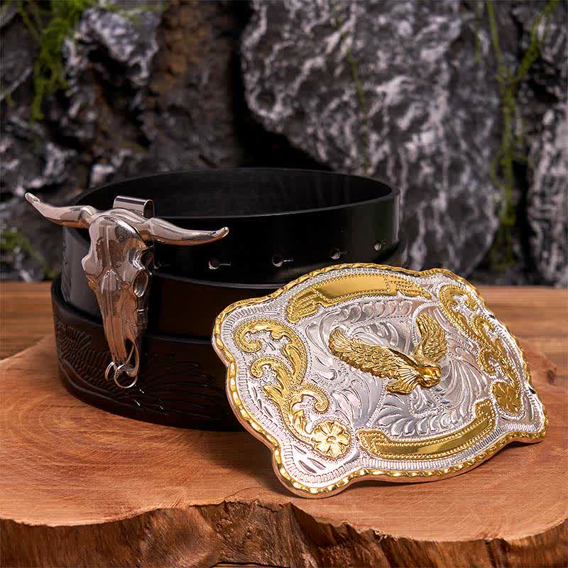 Conjunto de hebilla de cinturón con colgante de toro longhorn y águila voladora dorada - Águila en vuelo - Cinturón de águila negra en relieve - 42 - image 0