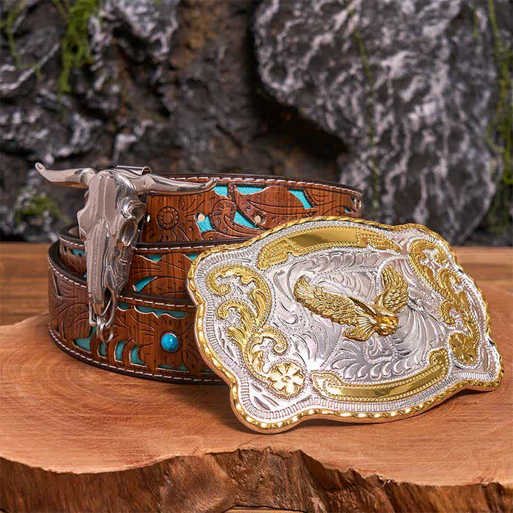 Conjunto de hebilla de cinturón con colgante de toro longhorn y águila voladora dorada - Águila en vuelo - Cinturón tallado en turquesa - 42 - image 3
