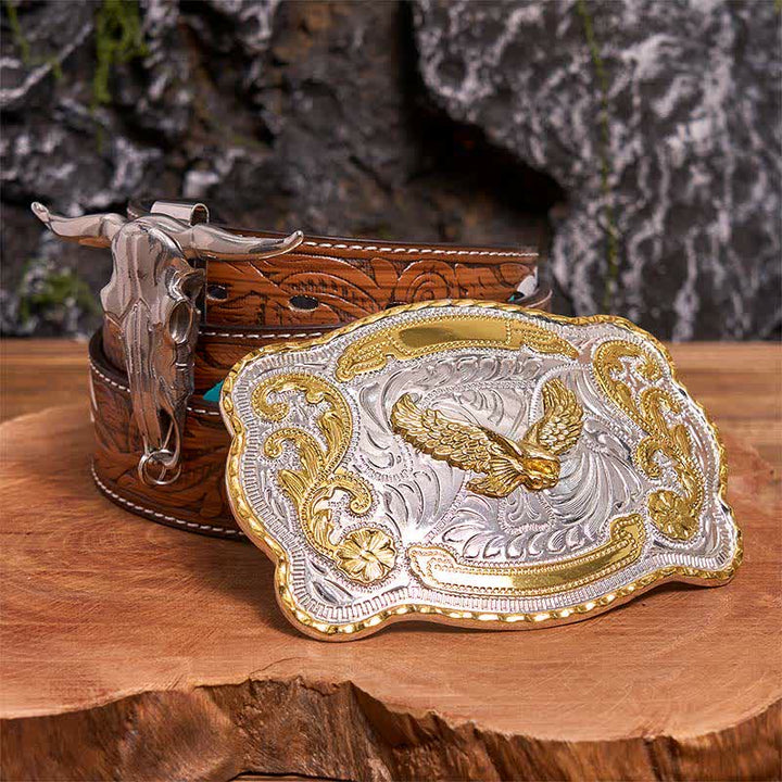 Conjunto de hebilla de cinturón con colgante de toro longhorn y águila voladora dorada - Águila en vuelo - Cinturón de plumas marrones - 40 - image 7