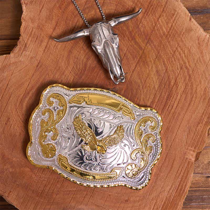 Conjunto de hebilla de cinturón con colgante de toro longhorn y águila voladora dorada - Águila en vuelo - Sin cinturón - No incluye cinturón - image 1
