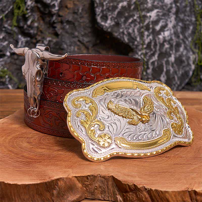 Conjunto de hebilla de cinturón con colgante de toro longhorn y águila voladora dorada - Águila en vuelo - Cinturón marrón tallado - 42 - image 6