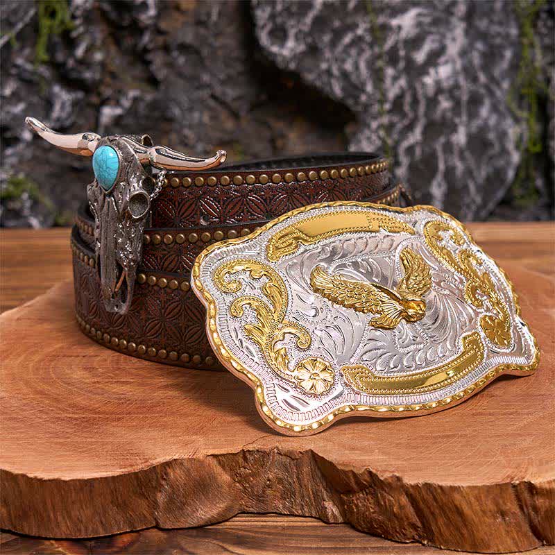 Hebilla de cinturón de águila dorada DIY con colgante de toro de cuernos largos turquesa - Águila en vuelo - Cinturón con remaches marrones - 42 - image 4