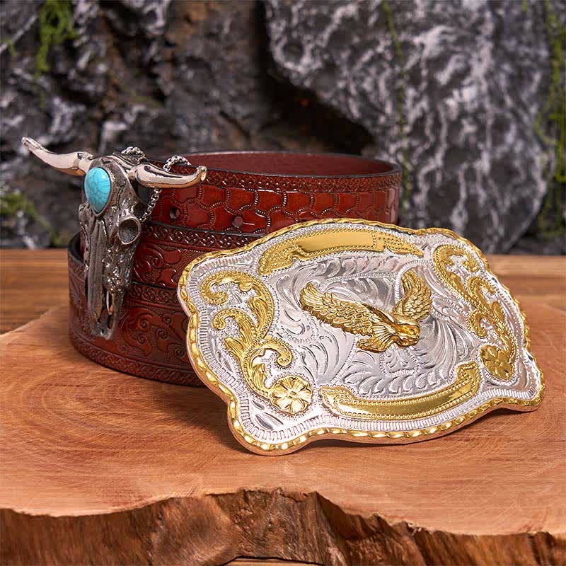Hebilla de cinturón de águila dorada DIY con colgante de toro de cuernos largos turquesa - Águila en vuelo - Cinturón marrón tallado - 42 - image 6