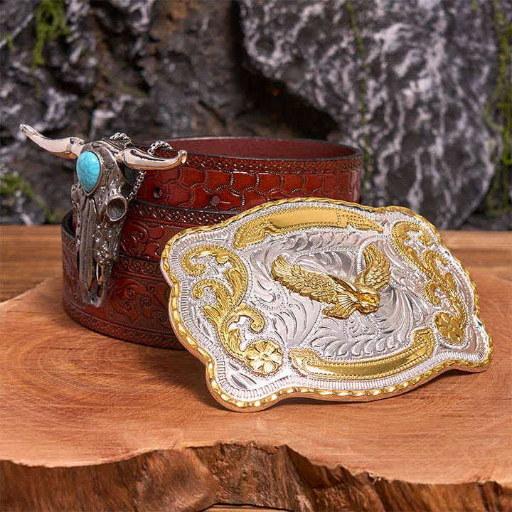 Hebilla de cinturón de águila dorada DIY con colgante de toro de cuernos largos turquesa - Águila en vuelo - Cinturón marrón tallado - 42 - image 6