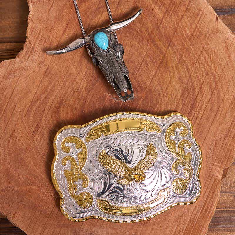 Hebilla de cinturón de águila dorada DIY con colgante de toro de cuernos largos turquesa - Águila en vuelo - Sin cinturón - No incluye cinturón - image 1