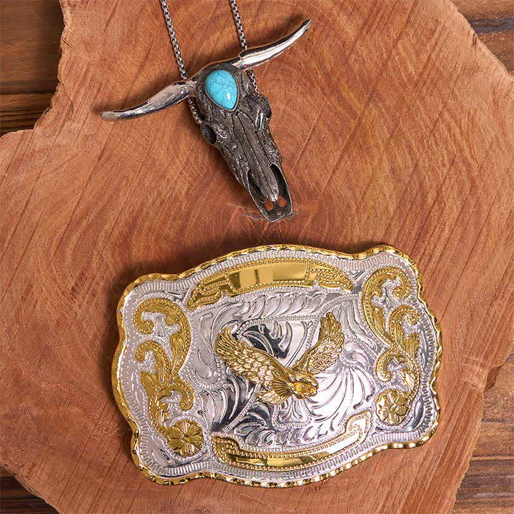 Hebilla de cinturón de águila dorada DIY con colgante de toro de cuernos largos turquesa - Águila en vuelo - Sin cinturón - No incluye cinturón - image 1