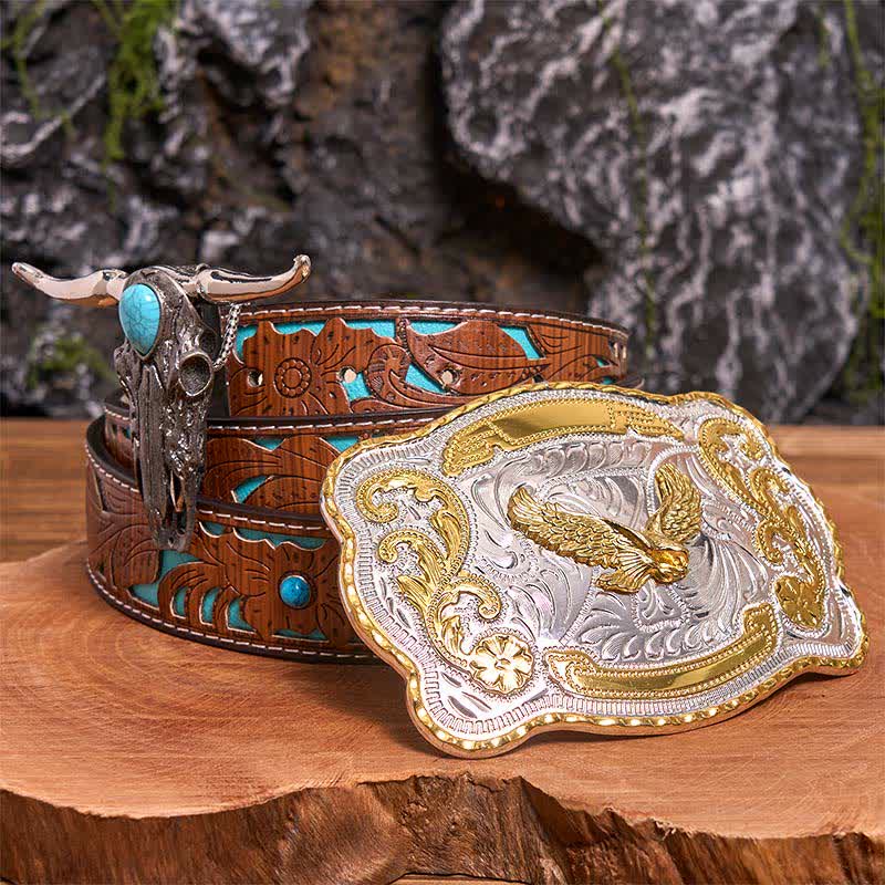 Hebilla de cinturón de águila dorada DIY con colgante de toro de cuernos largos turquesa - Águila en vuelo - Cinturón tallado en turquesa - 42 - image 3