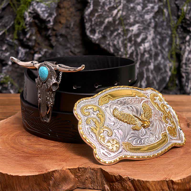 Hebilla de cinturón de águila dorada DIY con colgante de toro de cuernos largos turquesa - Águila en vuelo - Cinturón de águila negra en relieve - 42 - image 0