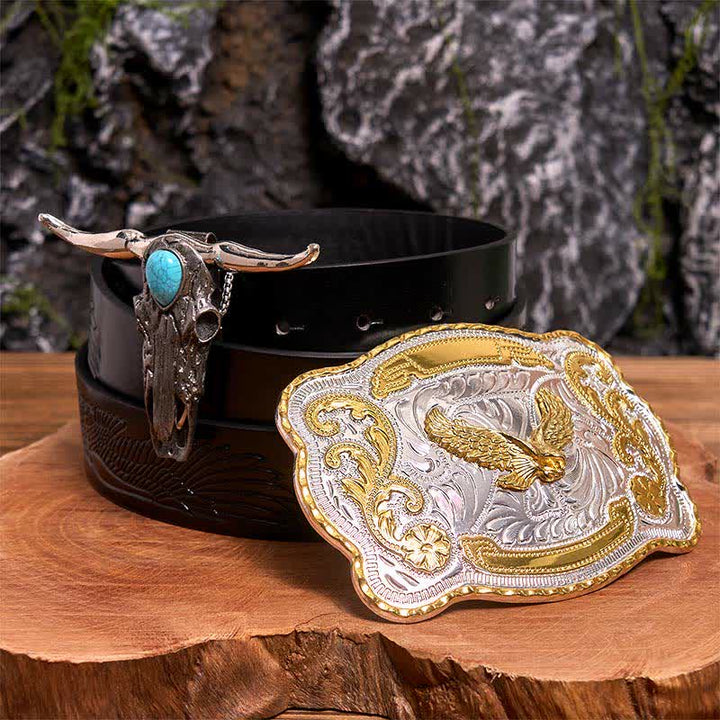 Hebilla de cinturón de águila dorada DIY con colgante de toro de cuernos largos turquesa - Águila en vuelo - Cinturón de águila negra en relieve - 42 - image 0