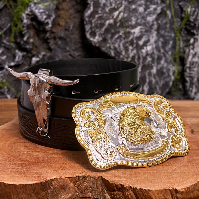 Conjunto de hebilla de cinturón con colgante de toro longhorn y cabeza de águila dorada - Cabeza de águila - Cinturón de águila negra en relieve - 42 - image 0