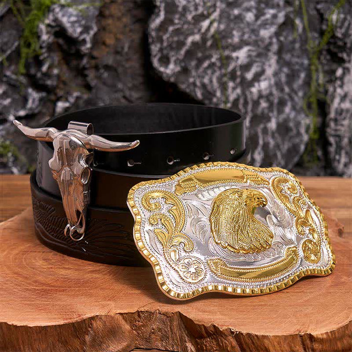 Conjunto de hebilla de cinturón con colgante de toro longhorn y cabeza de águila dorada - Cabeza de águila - Cinturón de águila negra en relieve - 42 - image 0