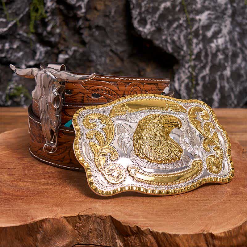 Conjunto de hebilla de cinturón con colgante de toro longhorn y cabeza de águila dorada - Cabeza de águila - Cinturón de plumas marrones - 40 - image 7
