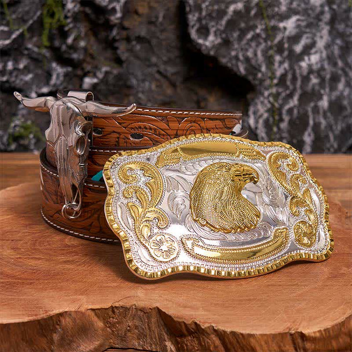 Conjunto de hebilla de cinturón con colgante de toro longhorn y cabeza de águila dorada - Cabeza de águila - Cinturón de plumas marrones - 40 - image 7