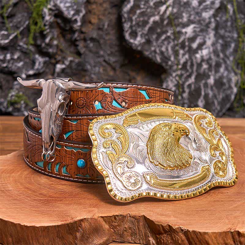 Conjunto de hebilla de cinturón con colgante de toro longhorn y cabeza de águila dorada - Cabeza de águila - Cinturón tallado en turquesa - 42 - image 3
