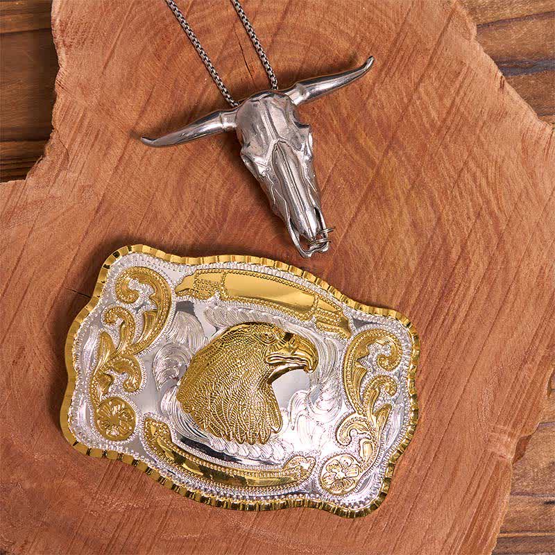 Conjunto de hebilla de cinturón con colgante de toro longhorn y cabeza de águila dorada - Cabeza de águila - Sin cinturón - No incluye cinturón - image 1