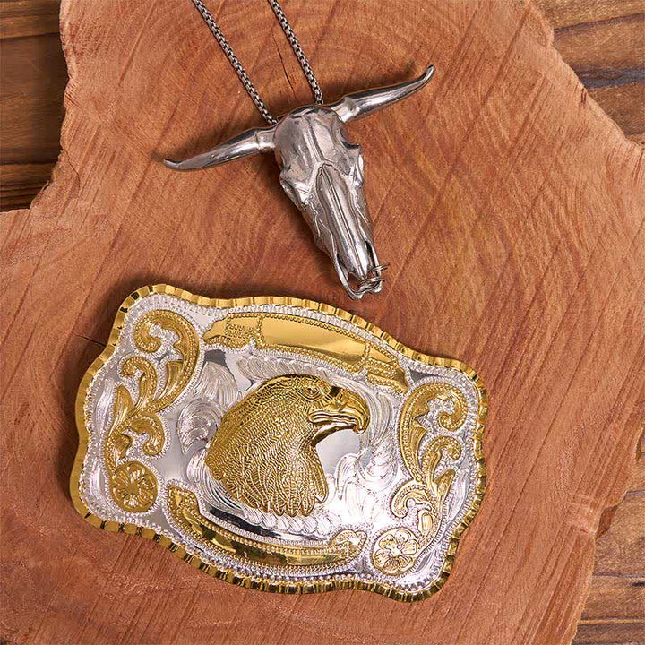 Conjunto de hebilla de cinturón con colgante de toro longhorn y cabeza de águila dorada - Cabeza de águila - Sin cinturón - No incluye cinturón - image 1