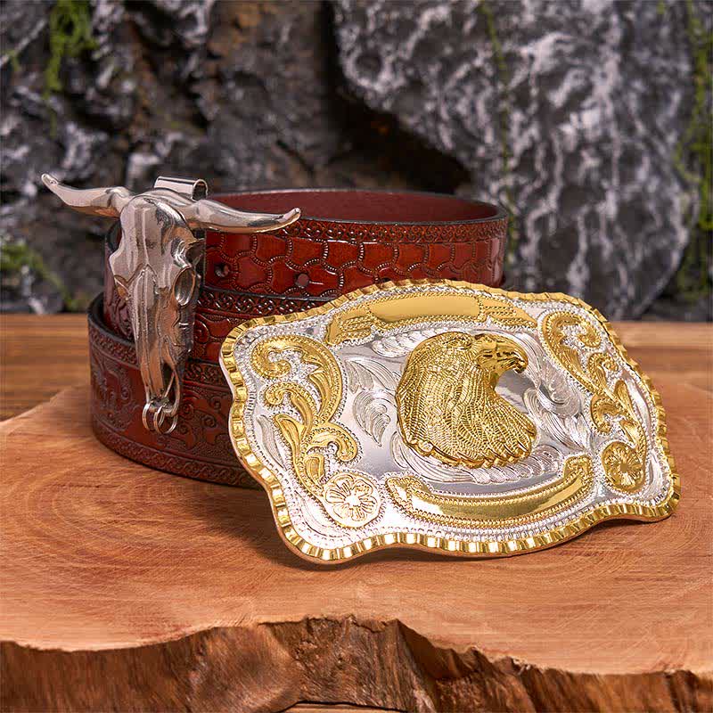 Conjunto de hebilla de cinturón con colgante de toro longhorn y cabeza de águila dorada - Cabeza de águila - Cinturón marrón tallado - 42 - image 6