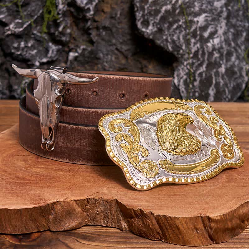 Conjunto de hebilla de cinturón con colgante de toro longhorn y cabeza de águila dorada - Cabeza de águila - Cinturón marrón desgastado - 42 - image 5