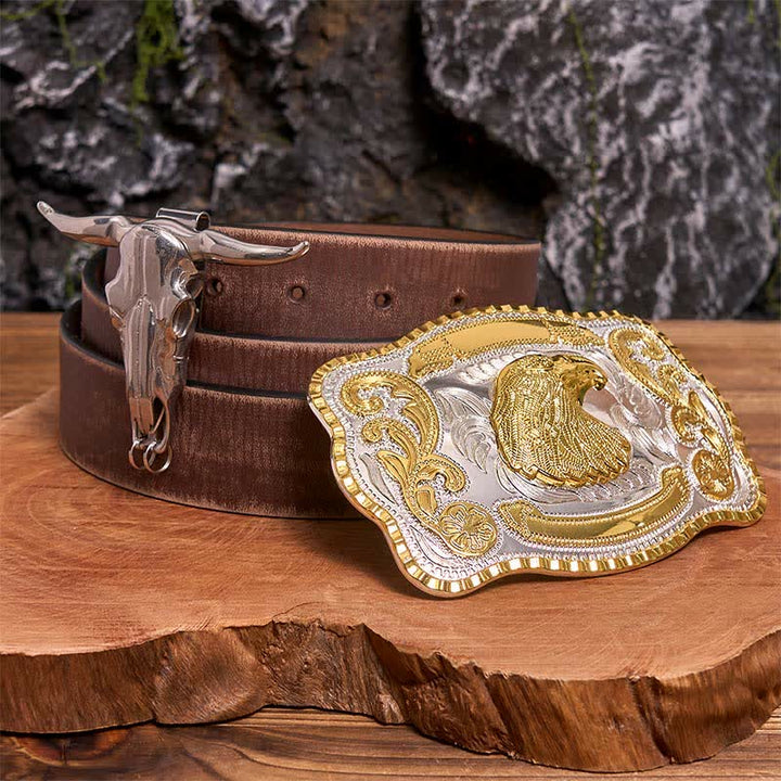 Conjunto de hebilla de cinturón con colgante de toro longhorn y cabeza de águila dorada - Cabeza de águila - Cinturón marrón desgastado - 42 - image 5