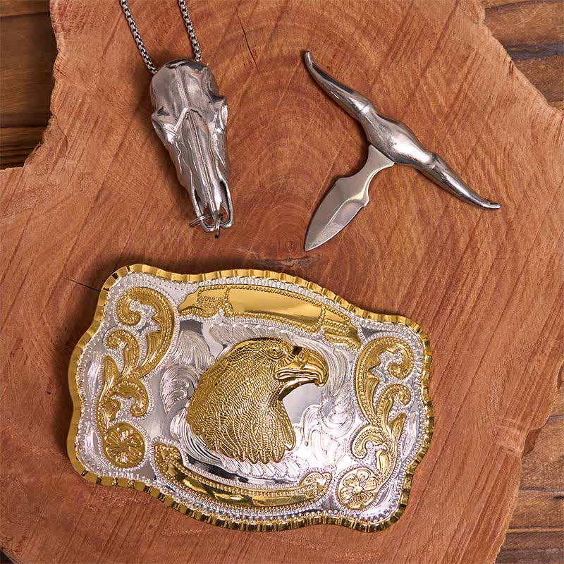 Conjunto de hebilla de cinturón con colgante de toro longhorn y cabeza de águila dorada - image 2