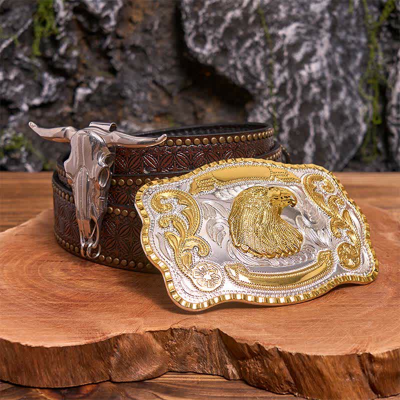 Conjunto de hebilla de cinturón con colgante de toro longhorn y cabeza de águila dorada - Cabeza de águila - Cinturón con remaches marrones - 42 - image 4