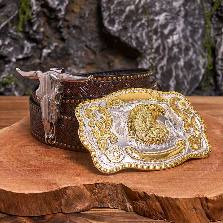Conjunto de hebilla de cinturón con colgante de toro longhorn y cabeza de águila dorada - Cabeza de águila - Cinturón con remaches marrones - 42 - image 4