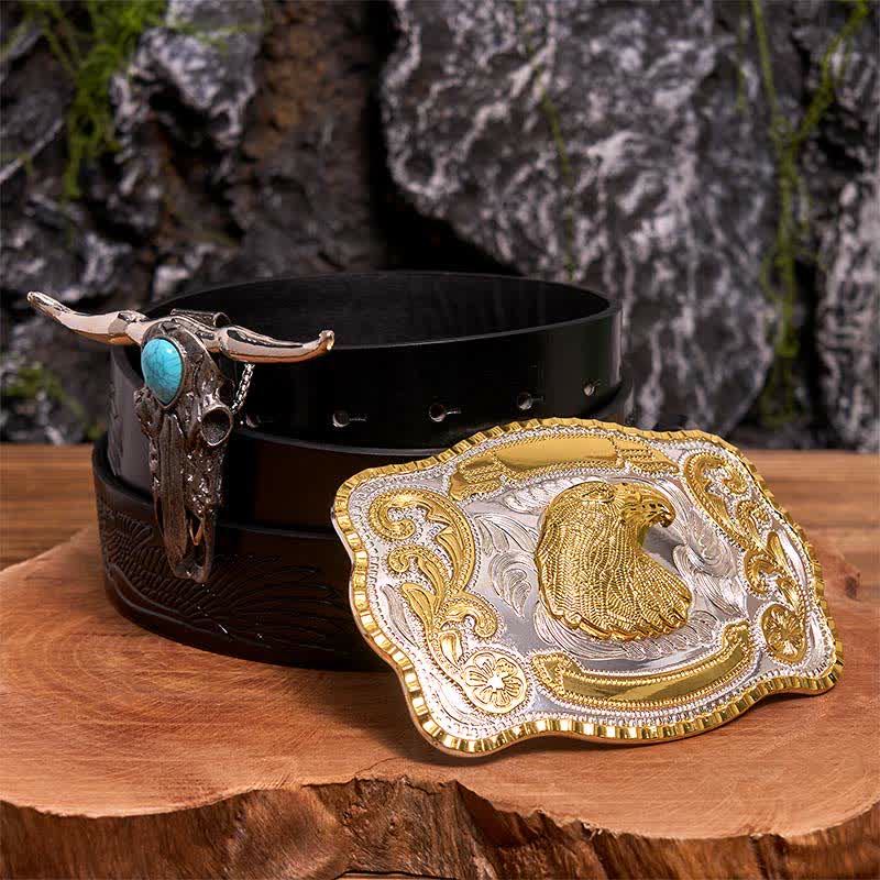 Hebilla de cinturón con cabeza de águila, colgante de toro longhorn turquesa, bricolaje - Cabeza de águila - Cinturón de águila negra en relieve - 42 - image 0