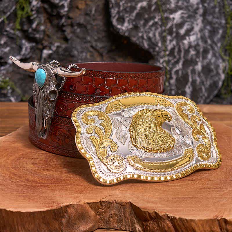 Hebilla de cinturón con cabeza de águila, colgante de toro longhorn turquesa, bricolaje - Cabeza de águila - Cinturón marrón tallado - 42 - image 6