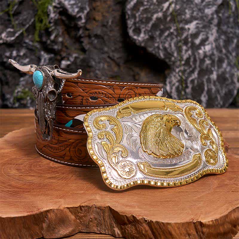Hebilla de cinturón con cabeza de águila, colgante de toro longhorn turquesa, bricolaje - Cabeza de águila - Cinturón de plumas marrones - 40 - image 7