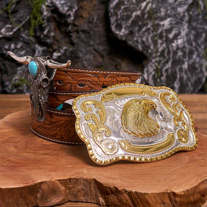 Hebilla de cinturón con cabeza de águila, colgante de toro longhorn turquesa, bricolaje - Cabeza de águila - Cinturón de plumas marrones - 40 - image 7