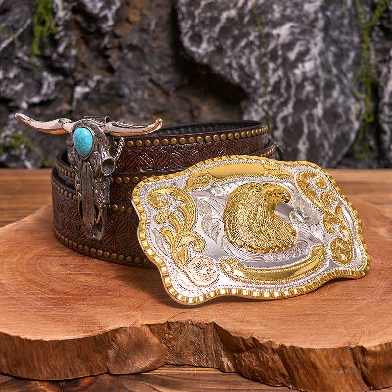 Hebilla de cinturón con cabeza de águila, colgante de toro longhorn turquesa, bricolaje - Cabeza de águila - Cinturón con remaches marrones - 42 - image 4