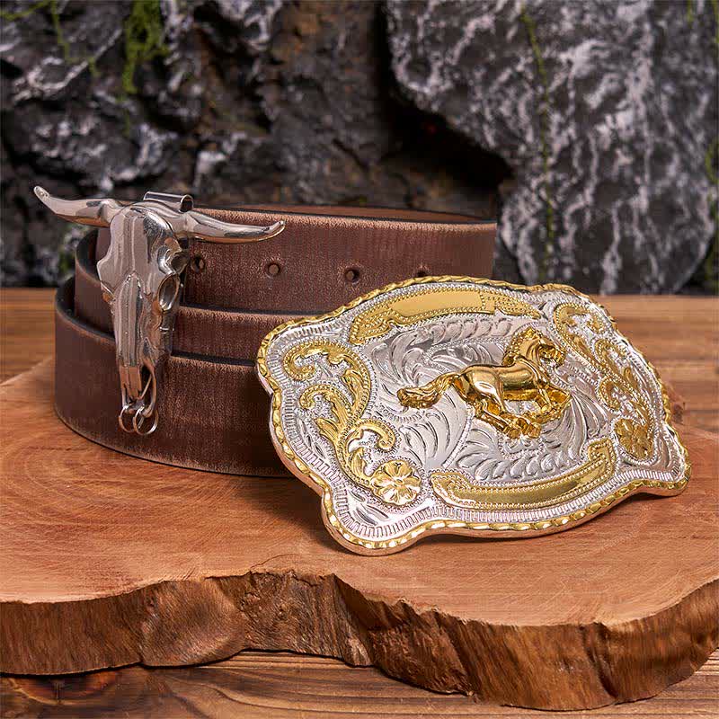 Conjunto de hebilla de cinturón con colgante de toro longhorn y caballo dorado - Caballo - Cinturón marrón desgastado - 42 - image 6