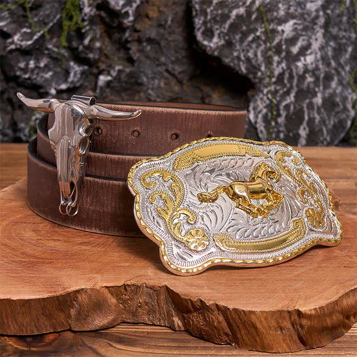 Conjunto de hebilla de cinturón con colgante de toro longhorn y caballo dorado - Caballo - Cinturón marrón desgastado - 42 - image 6
