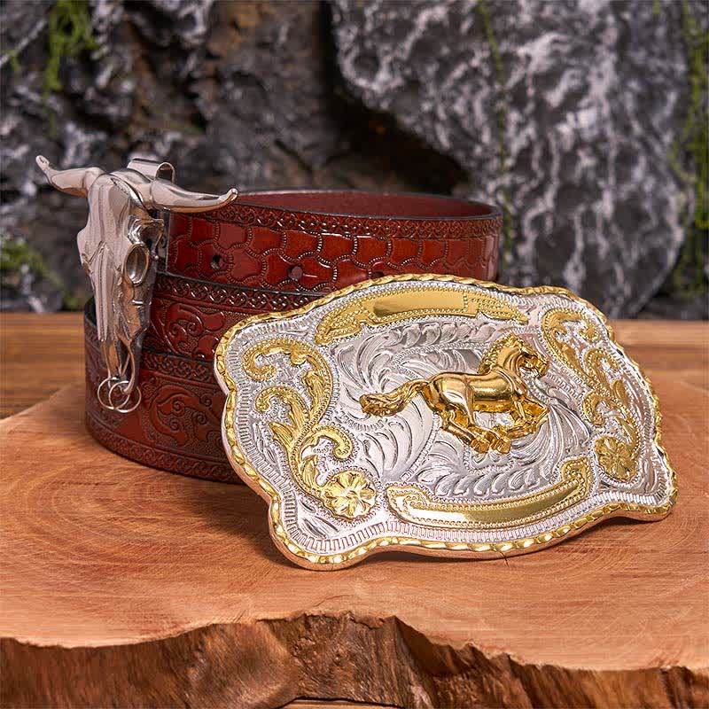 Conjunto de hebilla de cinturón con colgante de toro longhorn y caballo dorado - Caballo - Cinturón marrón tallado - 42 - image 7