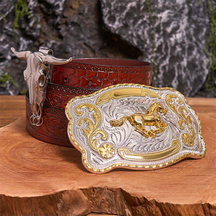 Conjunto de hebilla de cinturón con colgante de toro longhorn y caballo dorado - Caballo - Cinturón marrón tallado - 42 - image 7
