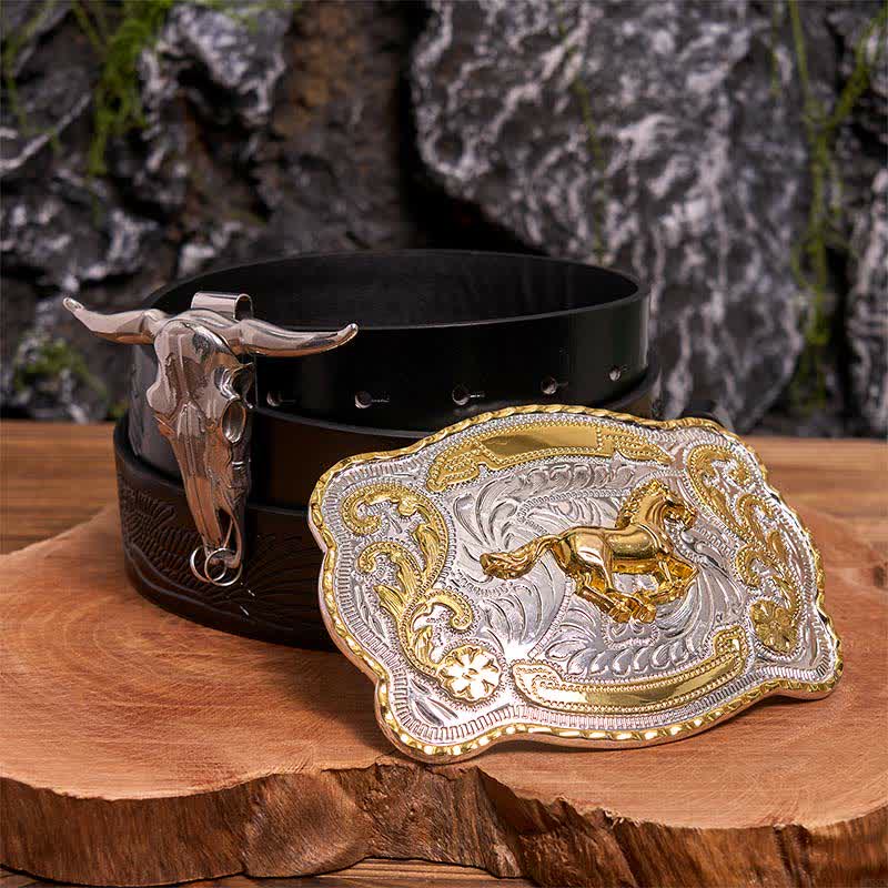 Conjunto de hebilla de cinturón con colgante de toro longhorn y caballo dorado - Caballo - Cinturón de águila negra en relieve - 42 - image 3
