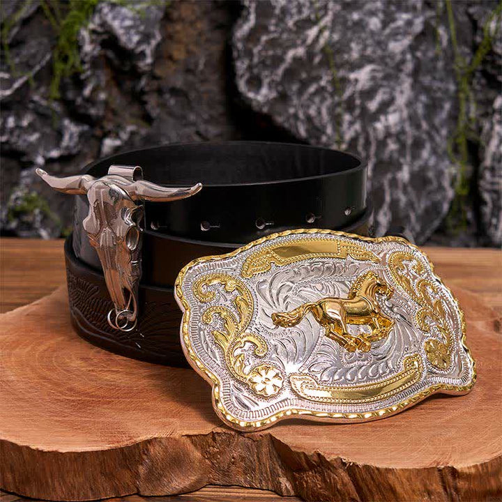 Conjunto de hebilla de cinturón con colgante de toro longhorn y caballo dorado - Caballo - Cinturón de águila negra en relieve - 42 - image 3