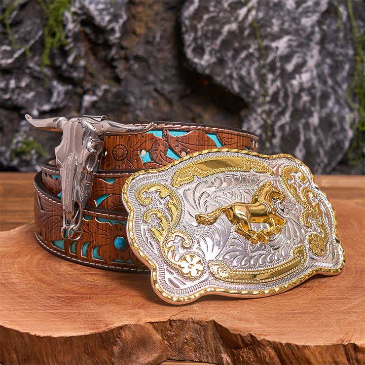 Conjunto de hebilla de cinturón con colgante de toro longhorn y caballo dorado - Caballo - Cinturón tallado en turquesa - 42 - image 4
