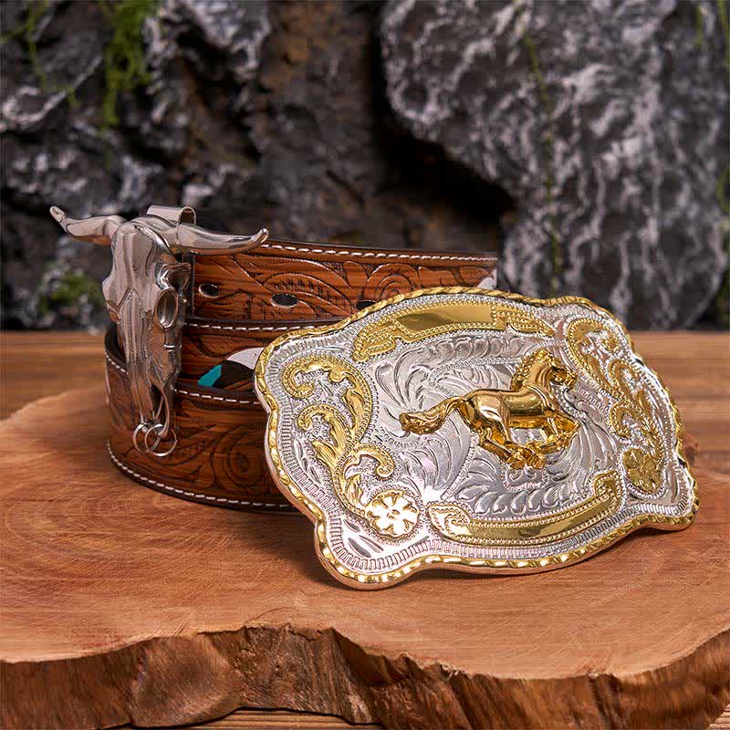 Conjunto de hebilla de cinturón con colgante de toro longhorn y caballo dorado - Caballo - Cinturón de plumas marrones - 40 - image 0